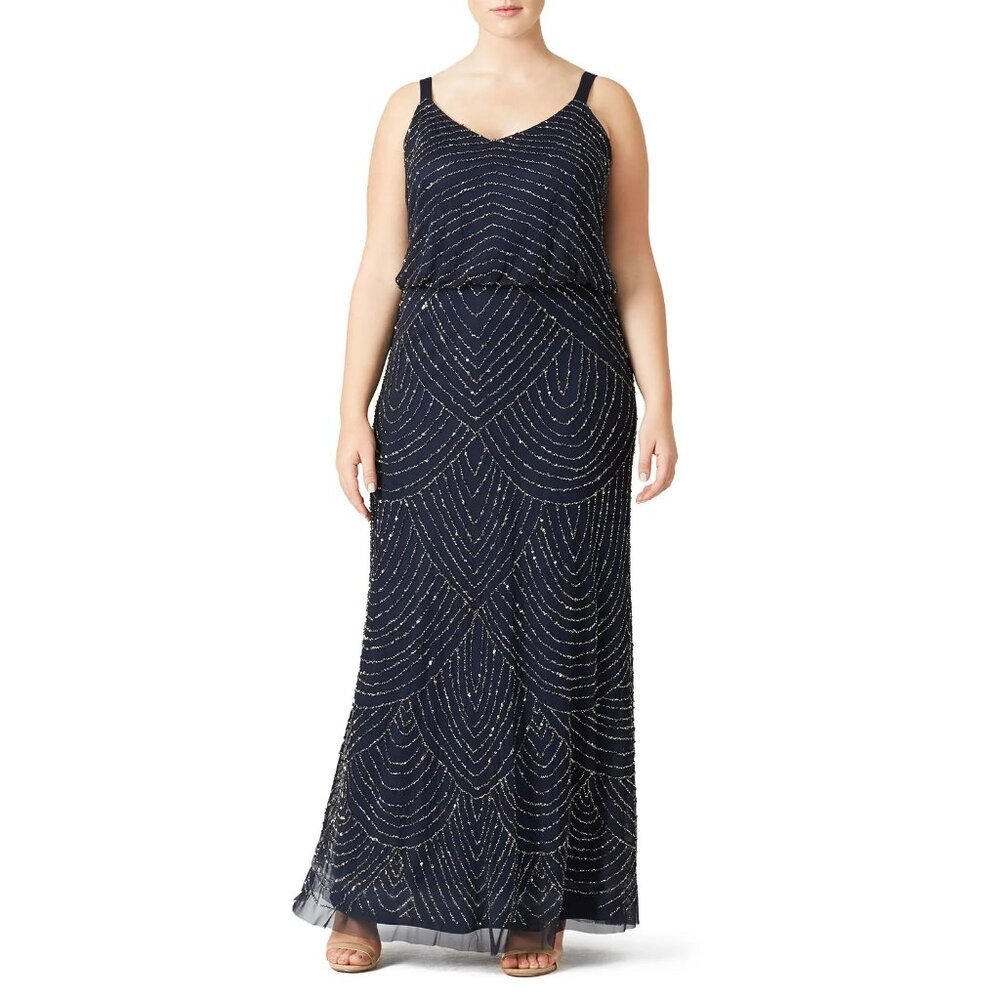 Adrianna Papell Navy Blue Sequin Beaded Sleeveless Gown size 16